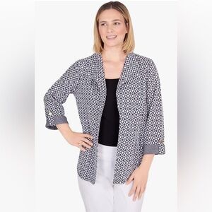 Ruby Rd. Black and White Textured Woven Jacquard Geometric Lightweight Cardigan